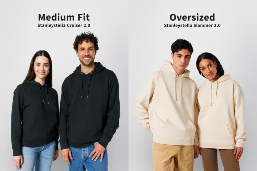 Kuvassa Medium Fit -huppari (Stanley/Stella Cruiser 2.0) vs. Oversized-huppari (Stanley/Stella Slammer 2.0) Hupparit. Oversized leikkaus tekee huppareiden istuvuudesta selkeästi rennomman, koska sen mitoitus on suunniteltu ylisuureksi.